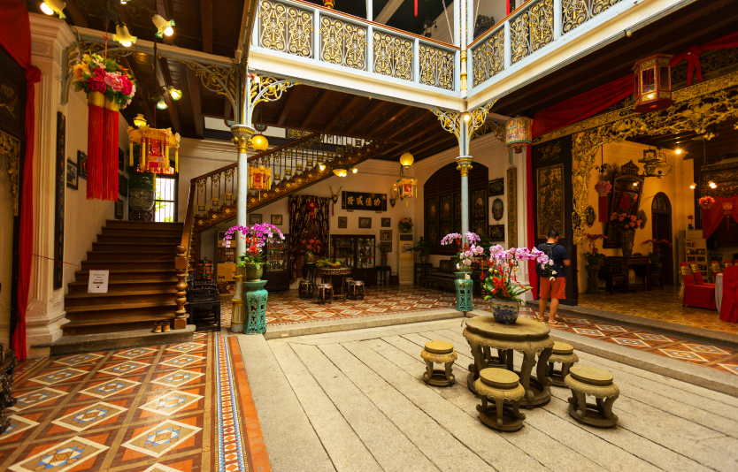 A traditional Nyonya inner courtyard at the Pinang Peranakan Mansion in Penang 